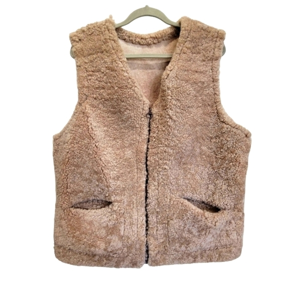 XL Tan Faux Shearling Zip-Up Vest with Front Pockets - Picture 1 of 4